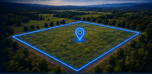 Aerial view of a raw land parcel with a glowing zoning outline and a property location pin